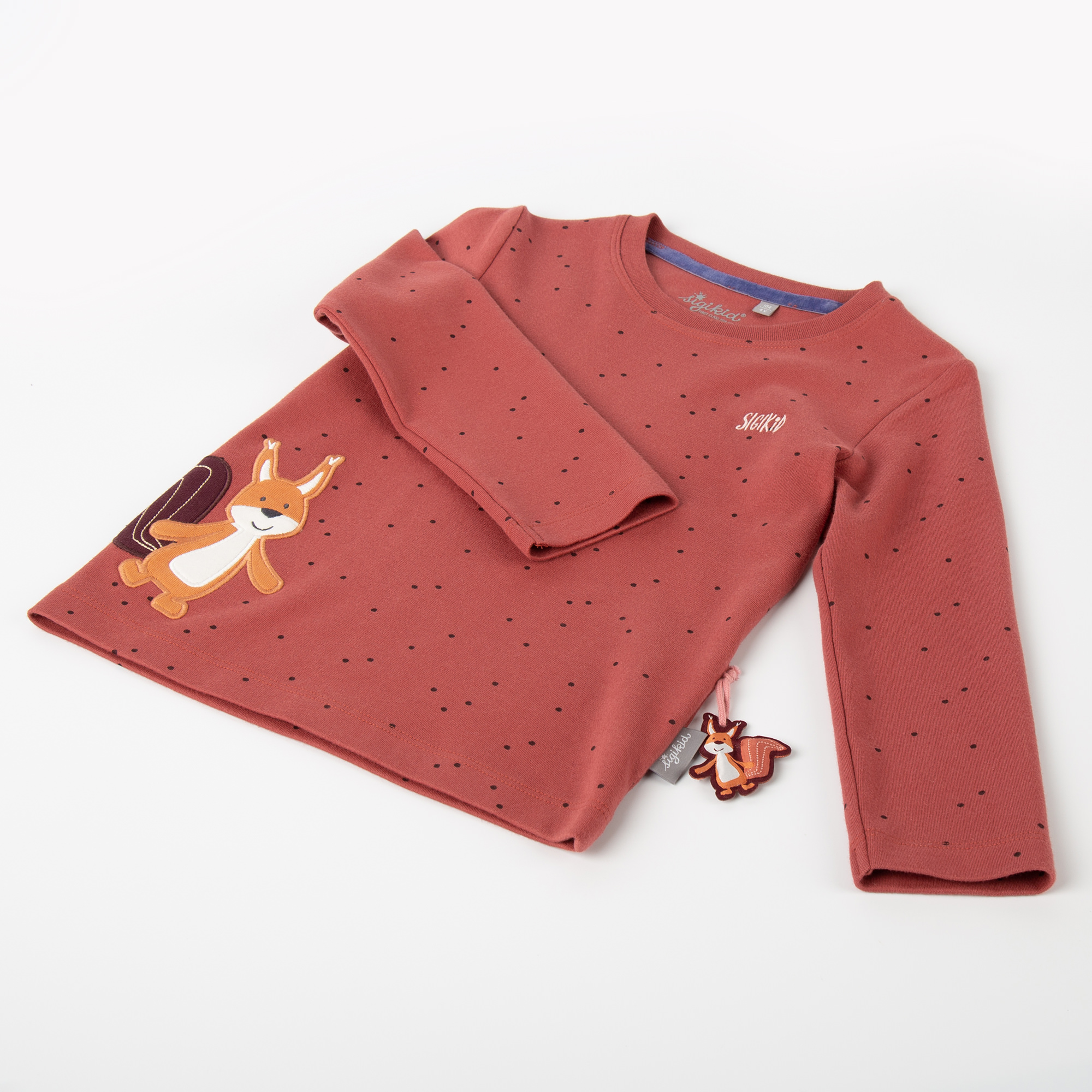 Kinder Langarmshirt mit Eichhörnchen Motiv, rotbraun mit Pünktchen