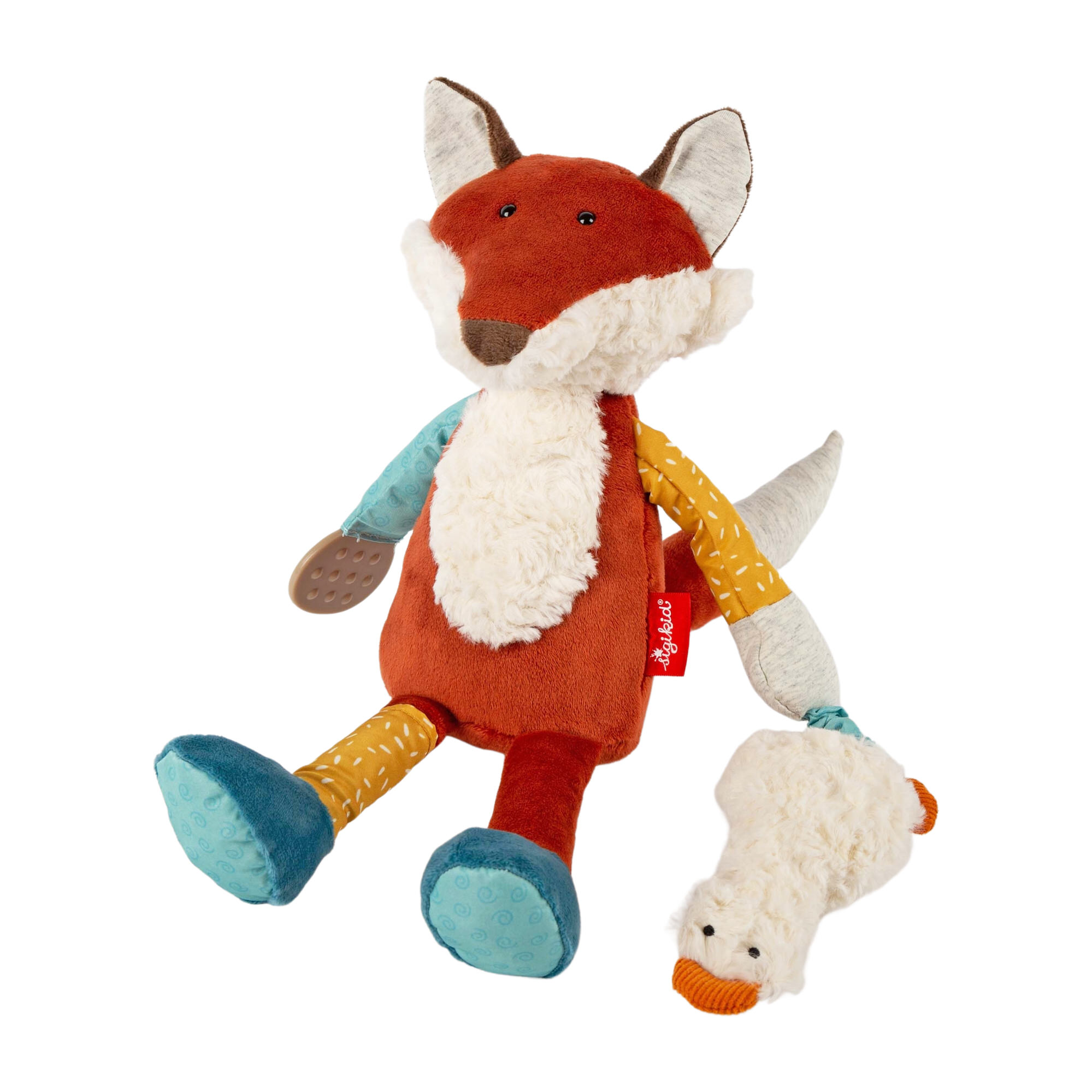 Activity rattle squeaker soft toy fox with retractable goose
