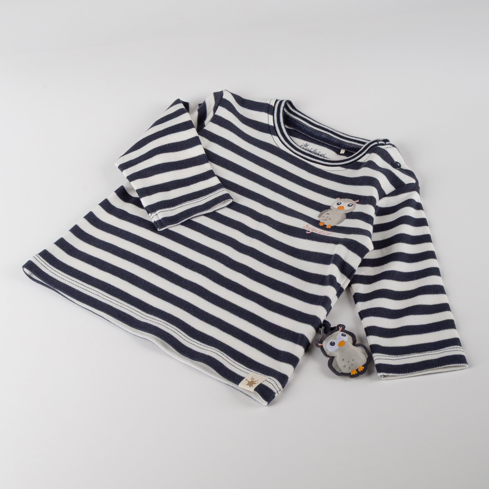 Baby Langarmshirt Eule Curious Owl, blau-weiß geringelt