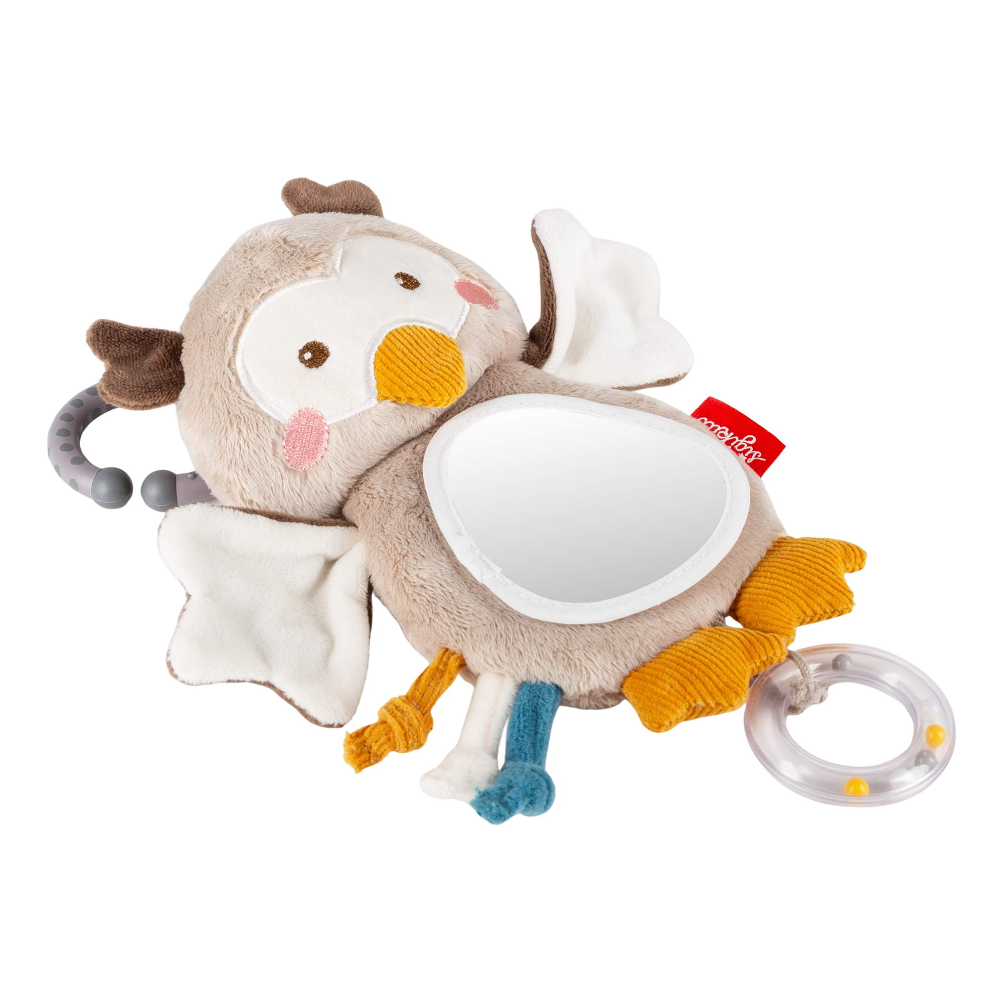 Hanging baby rattle rustle soft toy owl with foil mirror