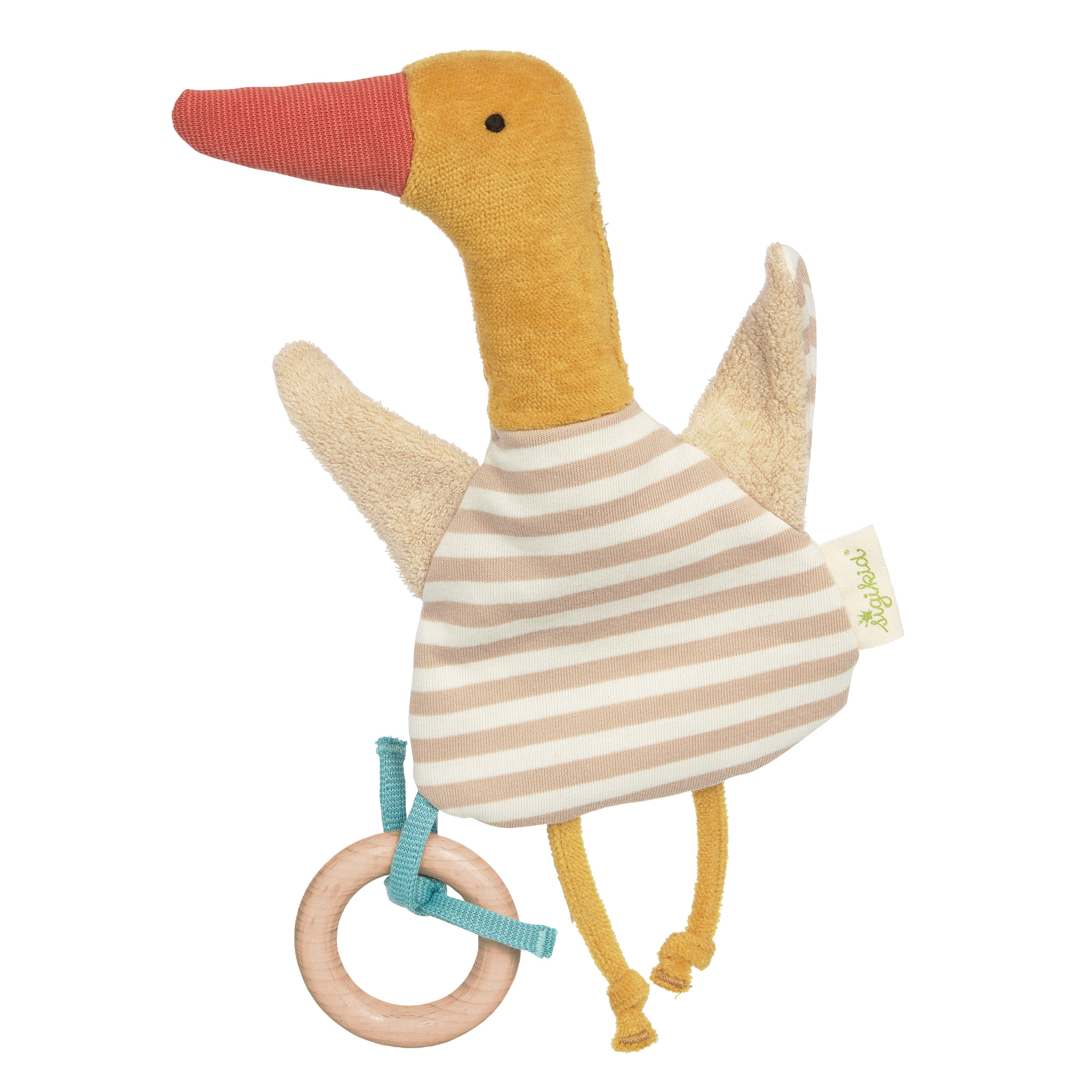 Organic soft crinkle grasp toy duck with beechwood ring