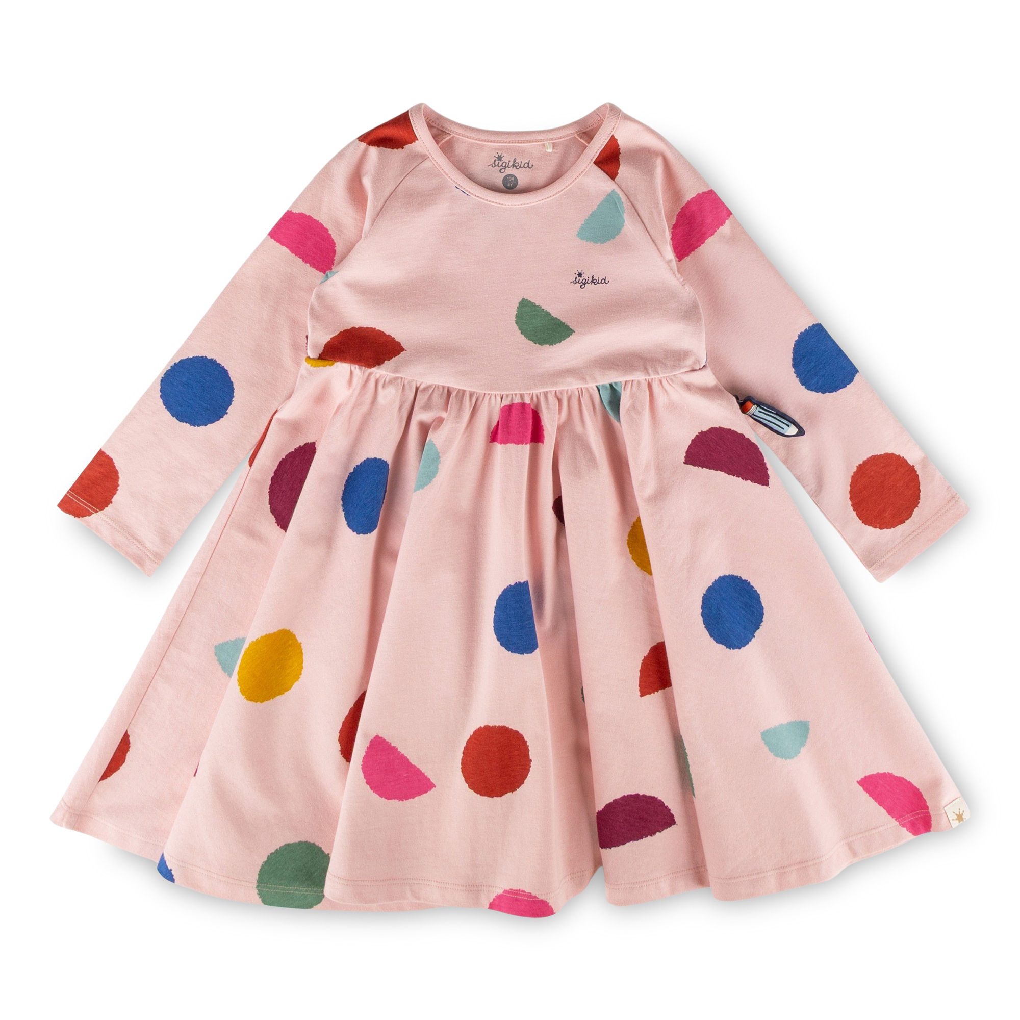 Girls' long sleeve dress, pink/multicoloured print