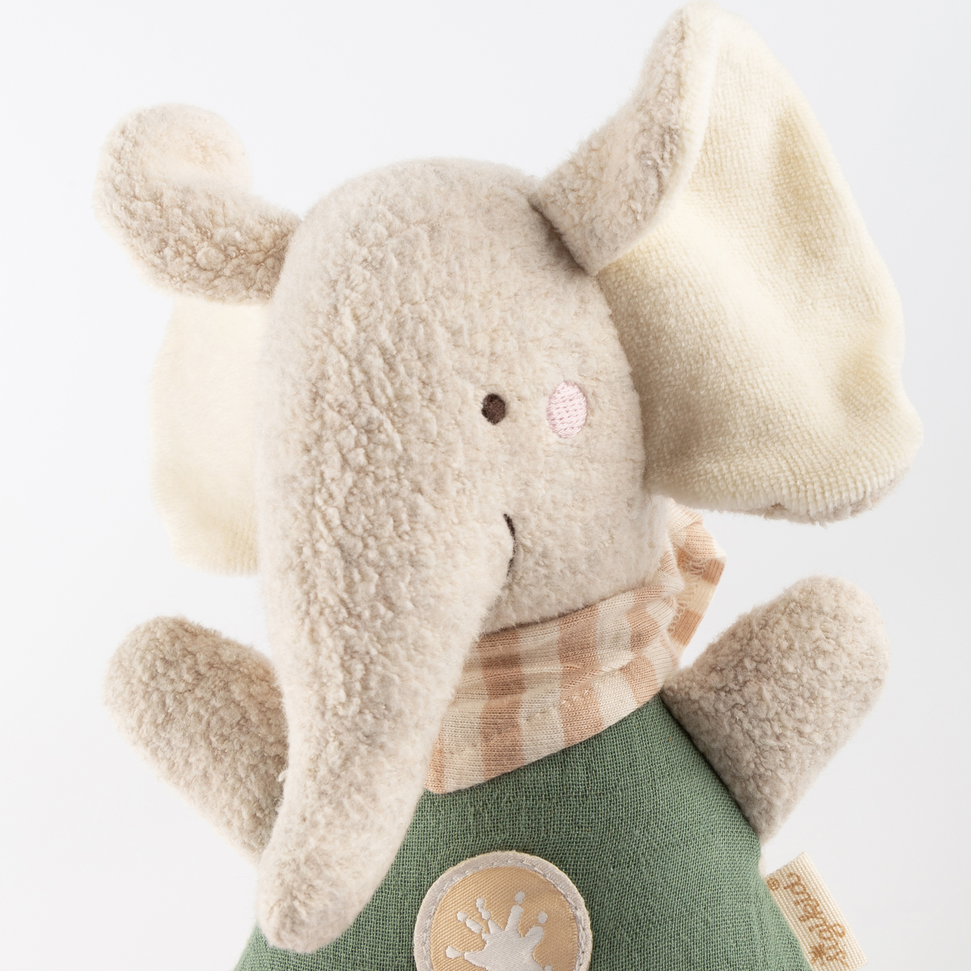 Muslin musical baby soft toy elephant, green