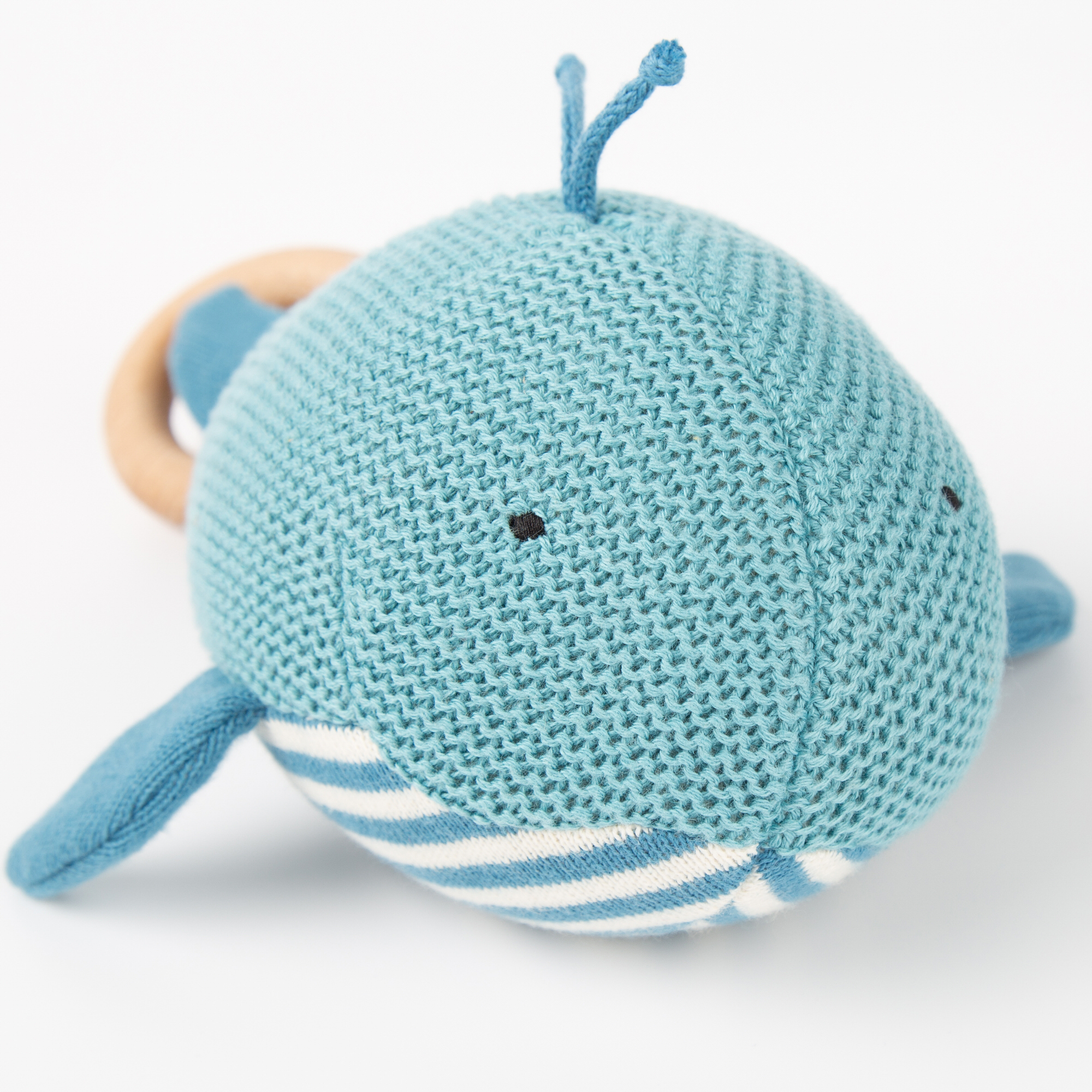 Baby grasp soft toy rattle whale, wooden ring, Knitted Love