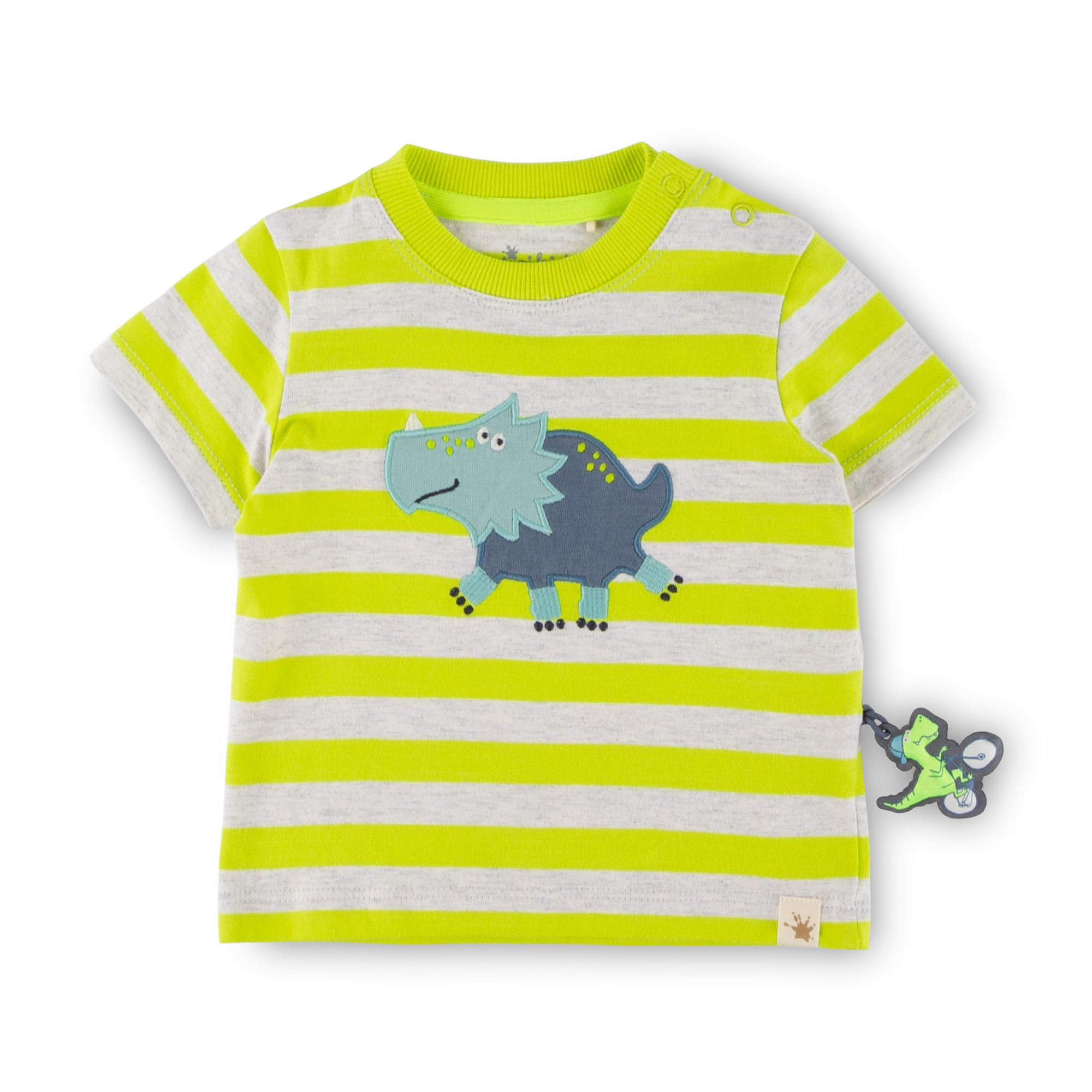 Baby T-Shirt Sporty Dino, gelb-weiß gestreift Baby T-Shirt Sporty Dino, gelb-weiß gestreift