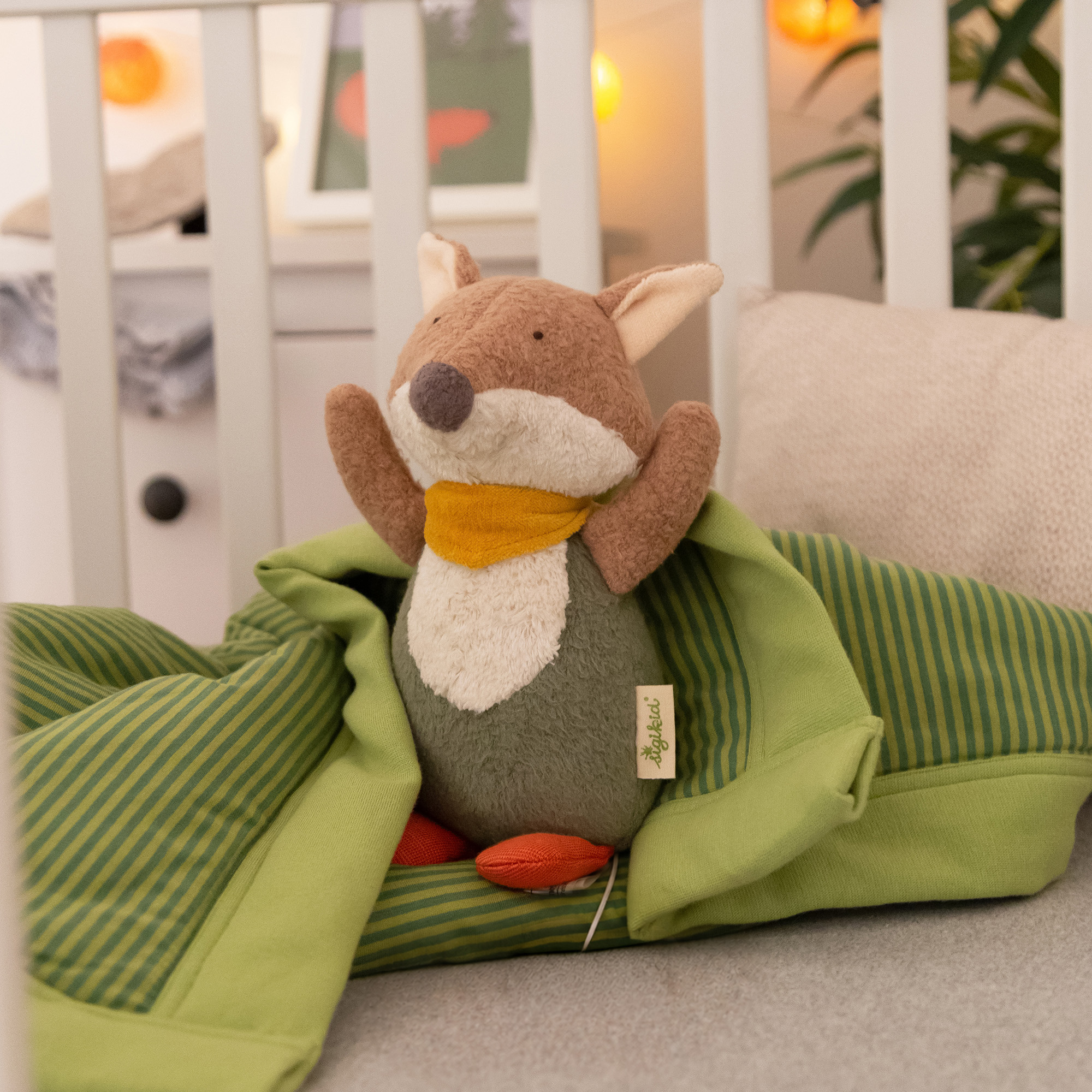 Organic baby musical soft toy fox, Green