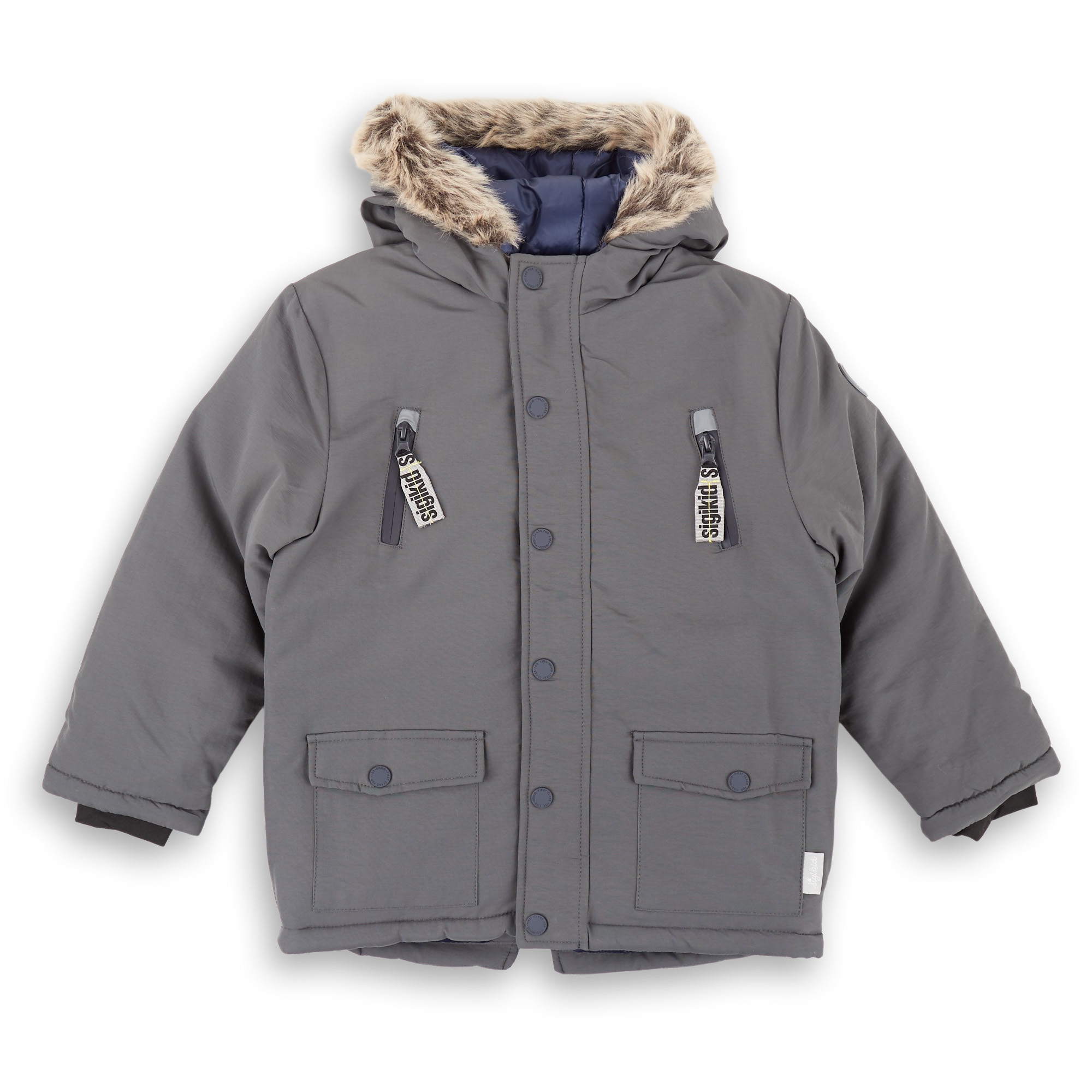 Insulated kids' winter jacket, hooded, dark grey
