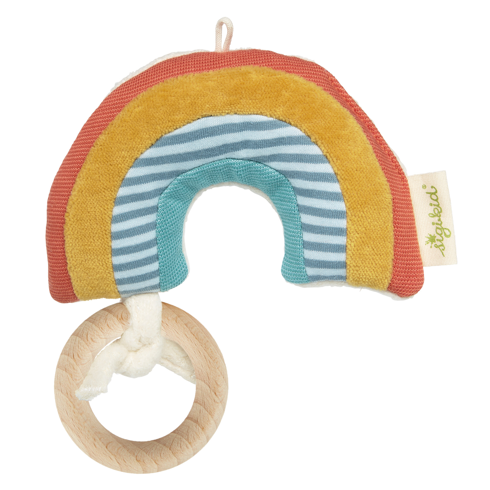 Baby soft toy rattle rainbow, organic, beechwood ring
