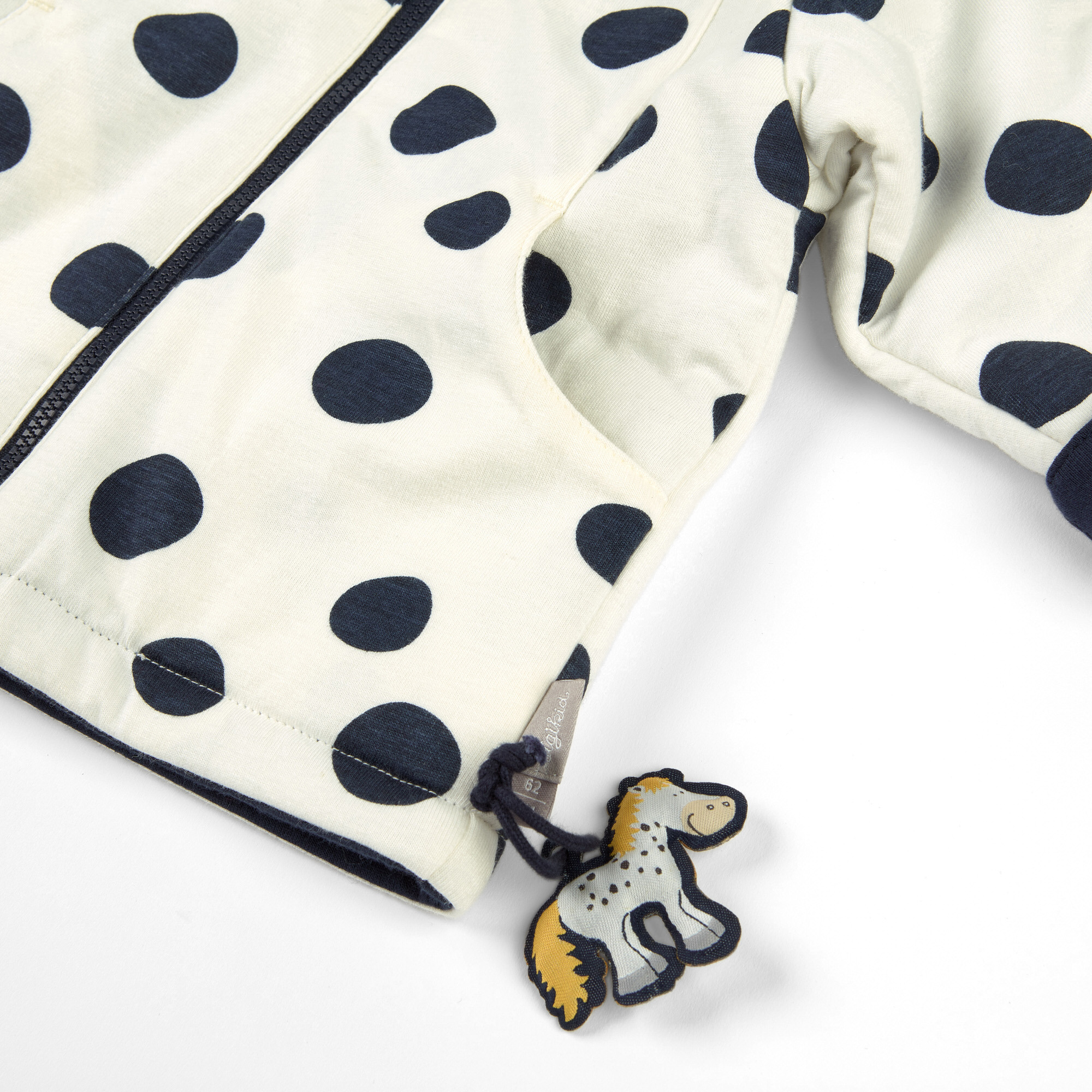 Reversible hooded baby jacket dots pony