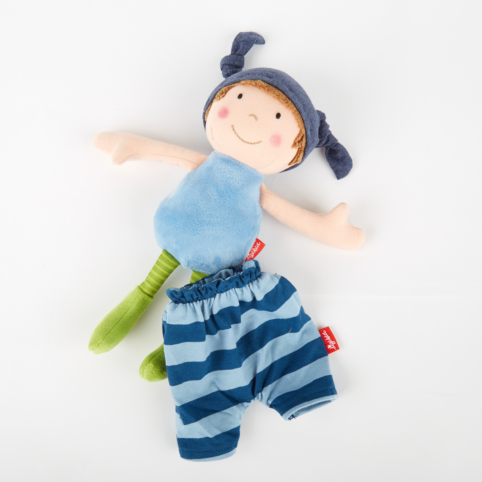 Cuddle soft doll boy, striped blue one-piece