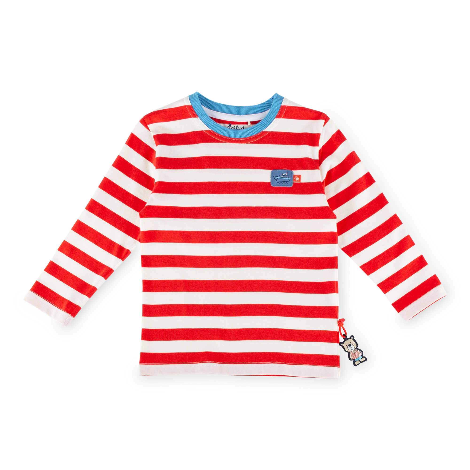 Kinder Langarmshirt mit Boot-Patch, rot-weiß gestreift