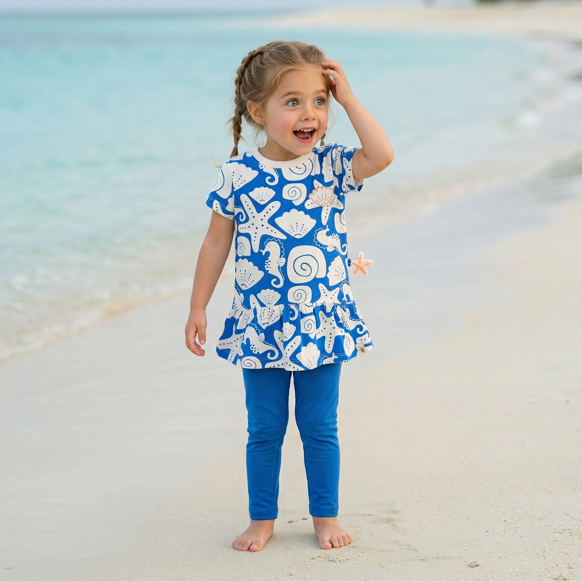 Baby Volant Kleid Strand Print, blau mit weiß