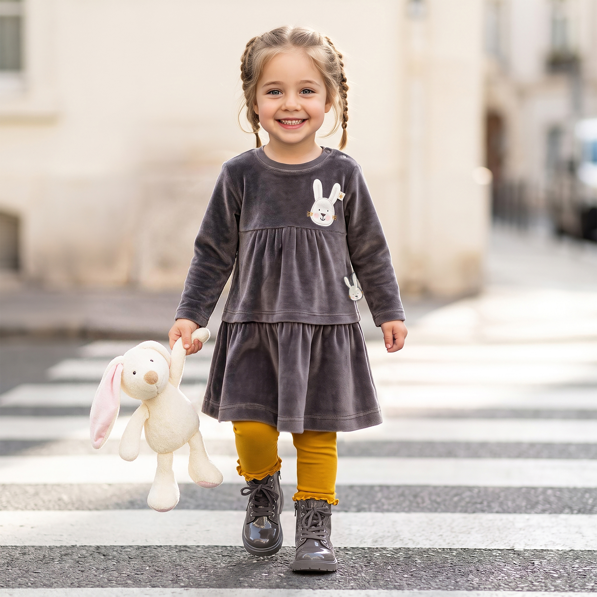 Tiered baby velour dress, Snow Bunny