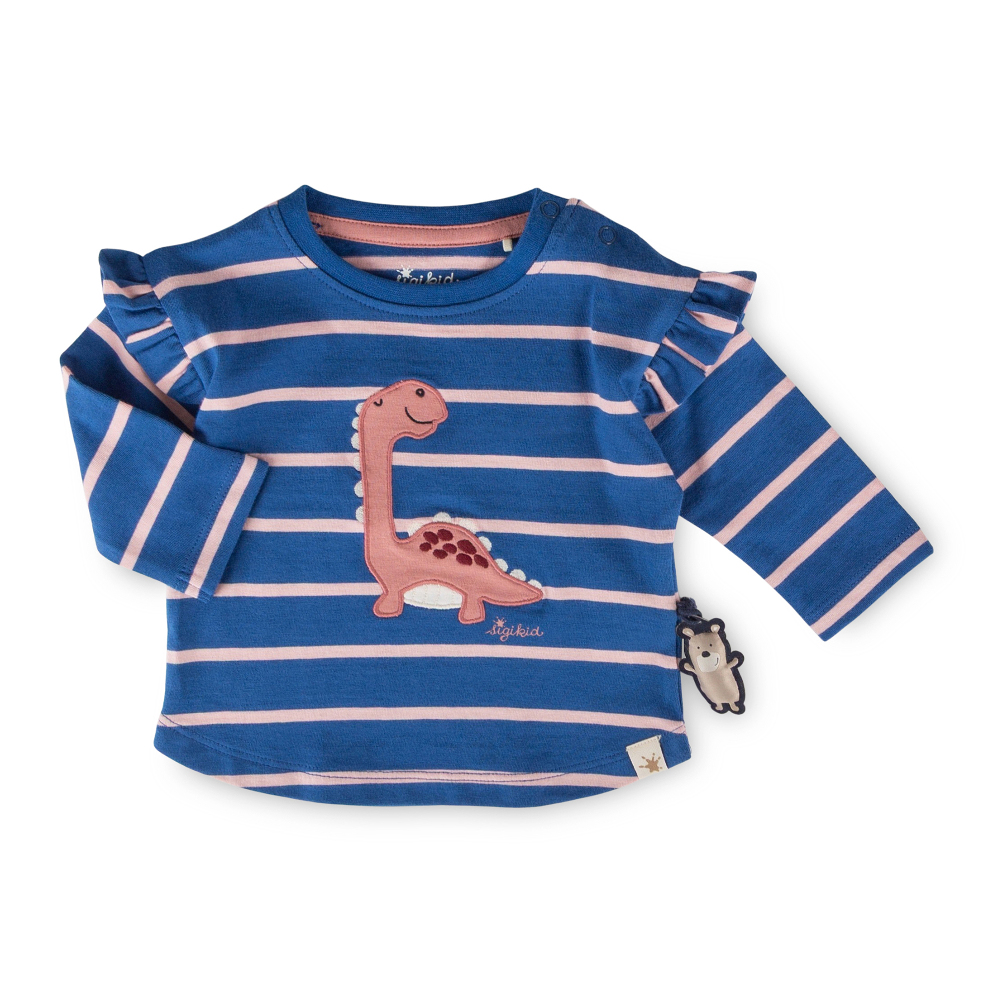Baby Langarmshirt Dino, blau/hellrosa gestreift