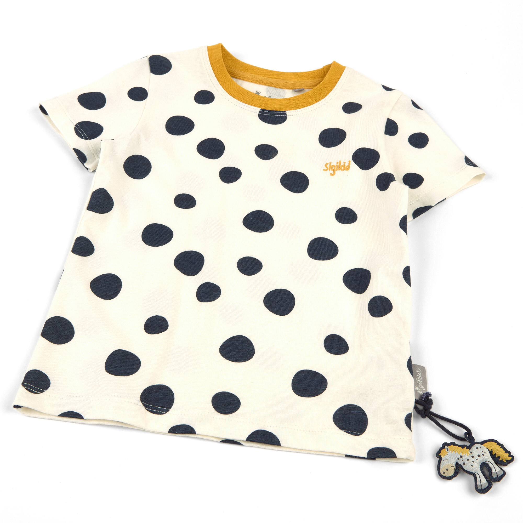 Cream white children's T-shirt, navy dots
