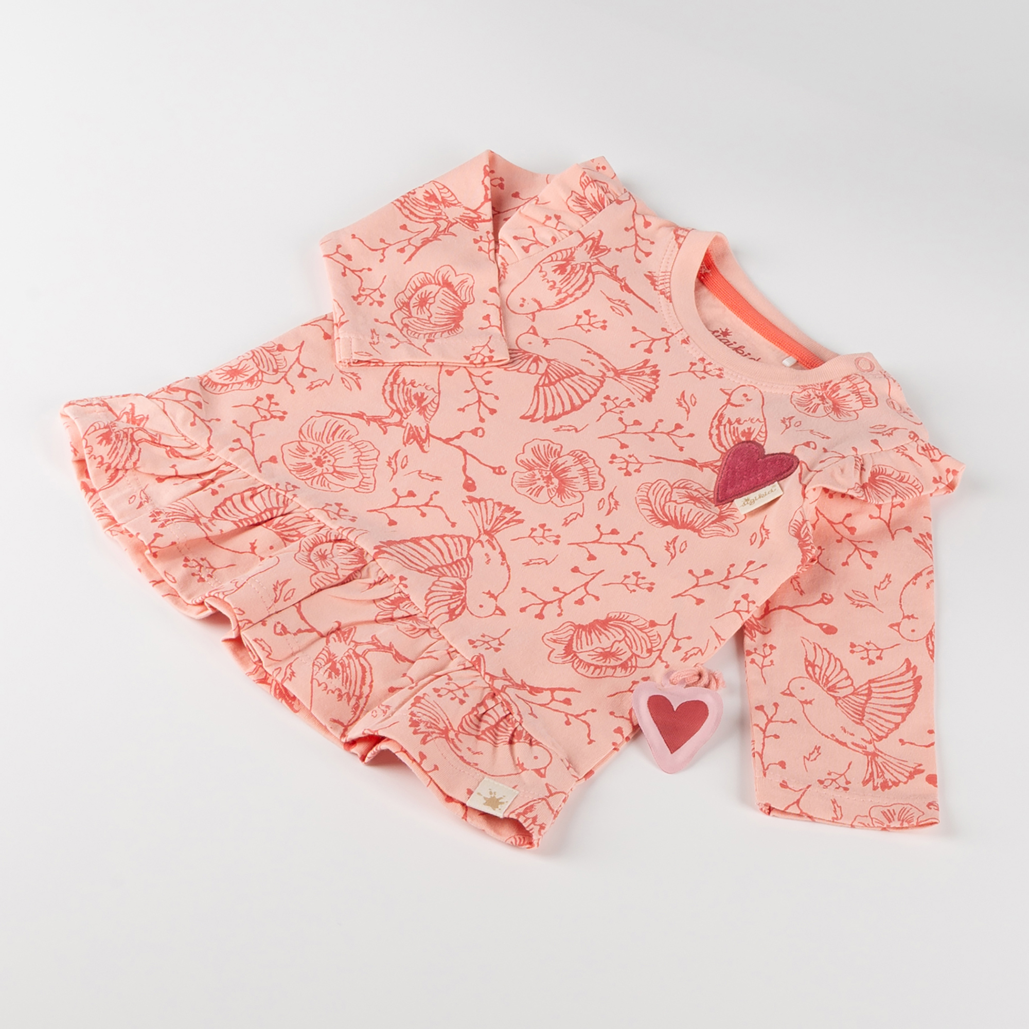Baby Volant Longshirt mit Vögelschen Print und Herzchen Motiv, rosa