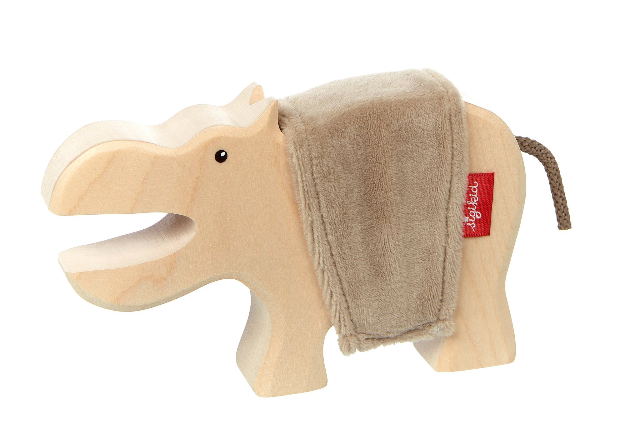 Wooden toy hippo with plush hide