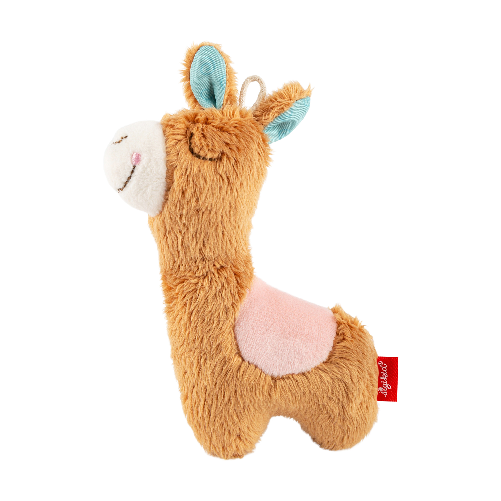 Baby grasping soft toy rattle llama