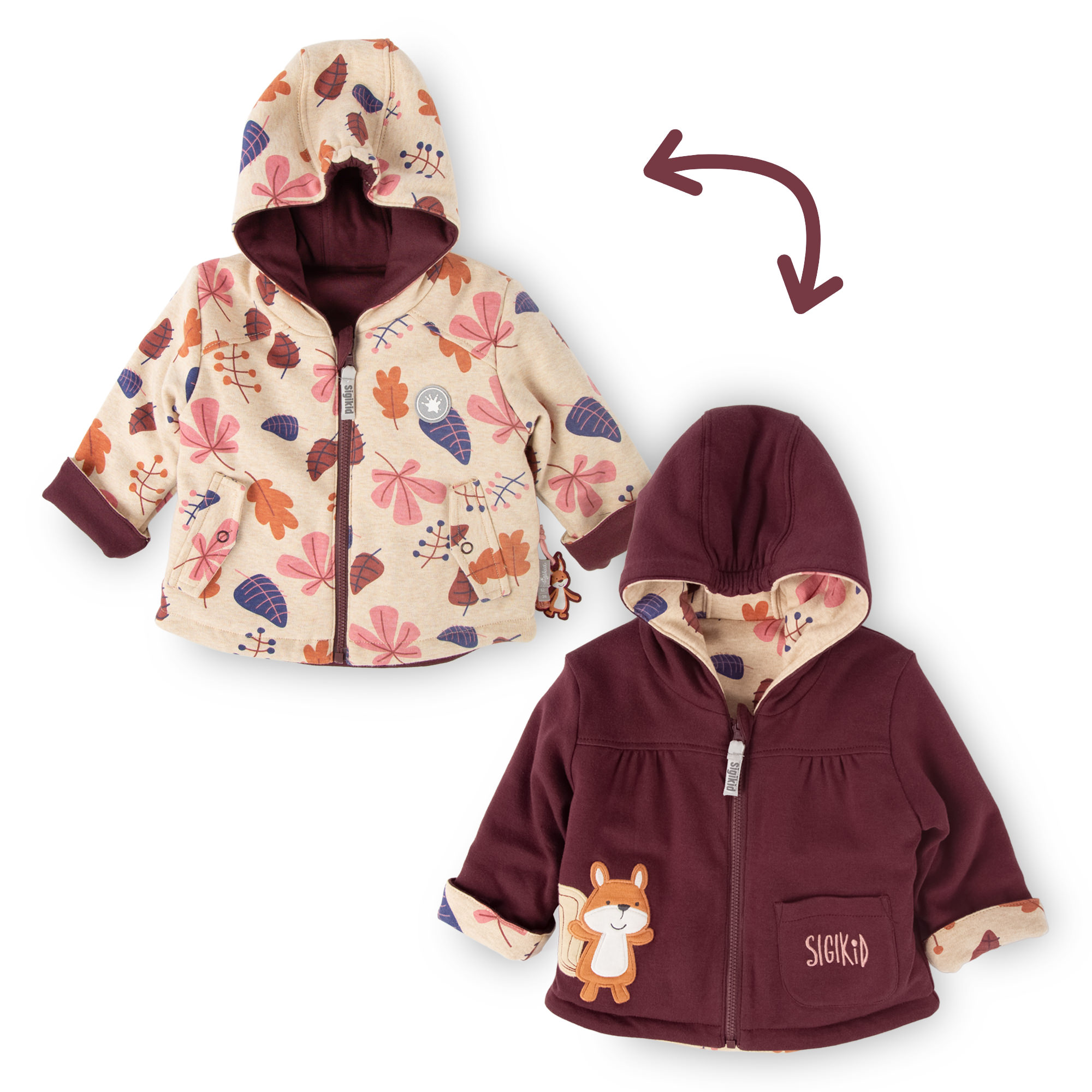 Reversible baby jacket squirrel, burgundy red