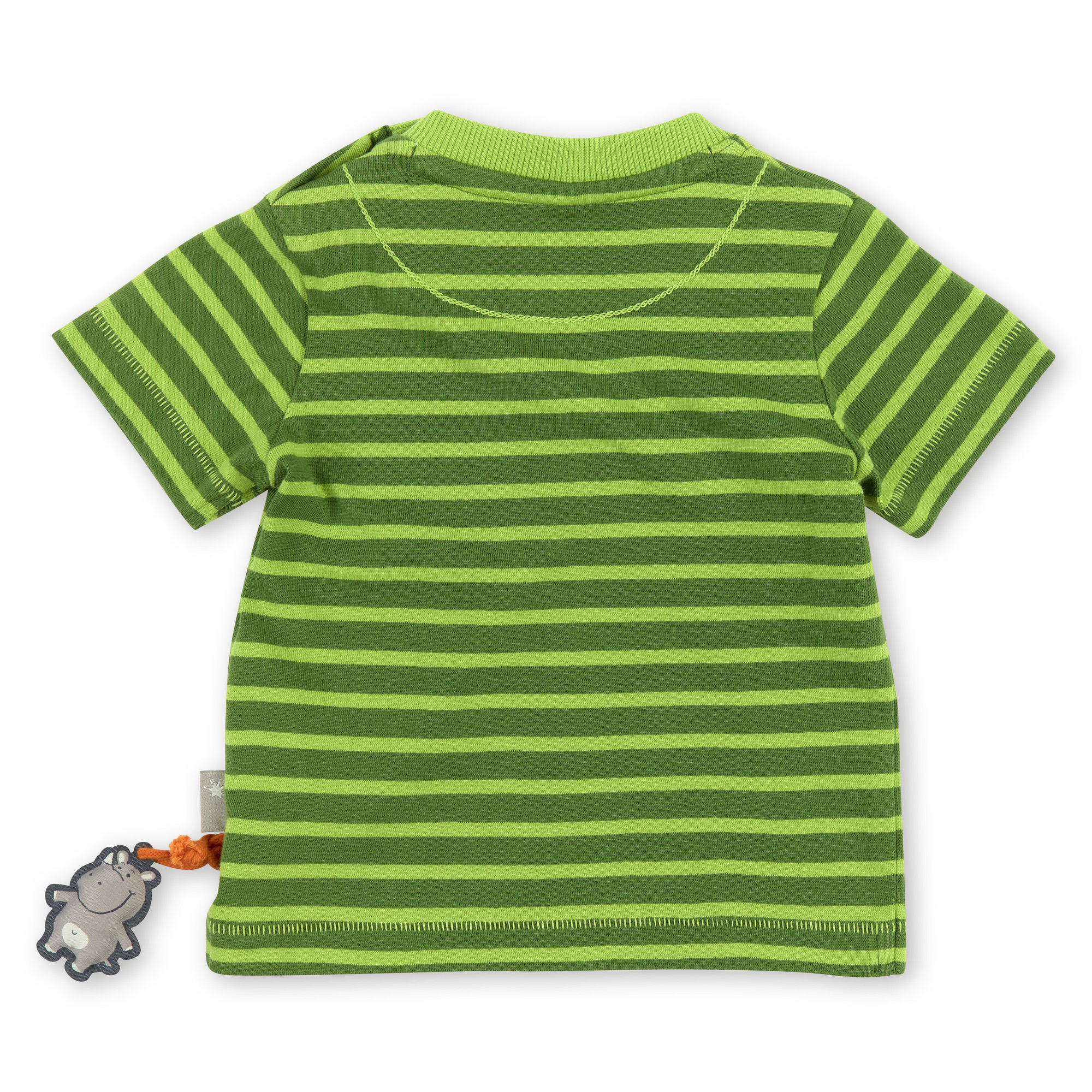 Green striped baby T-shirt with tiger pocket