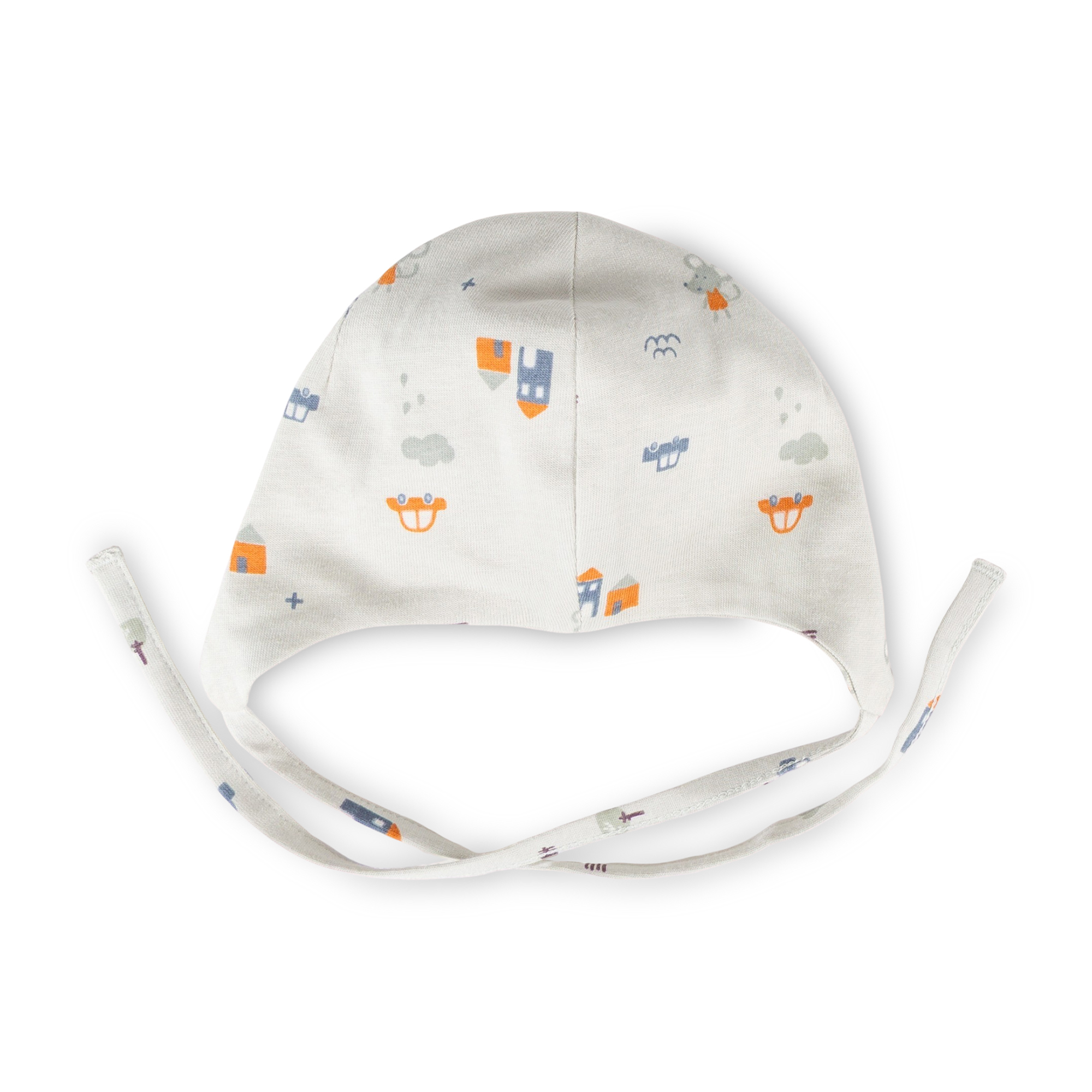 Newborn baby hat with ties, tiny print