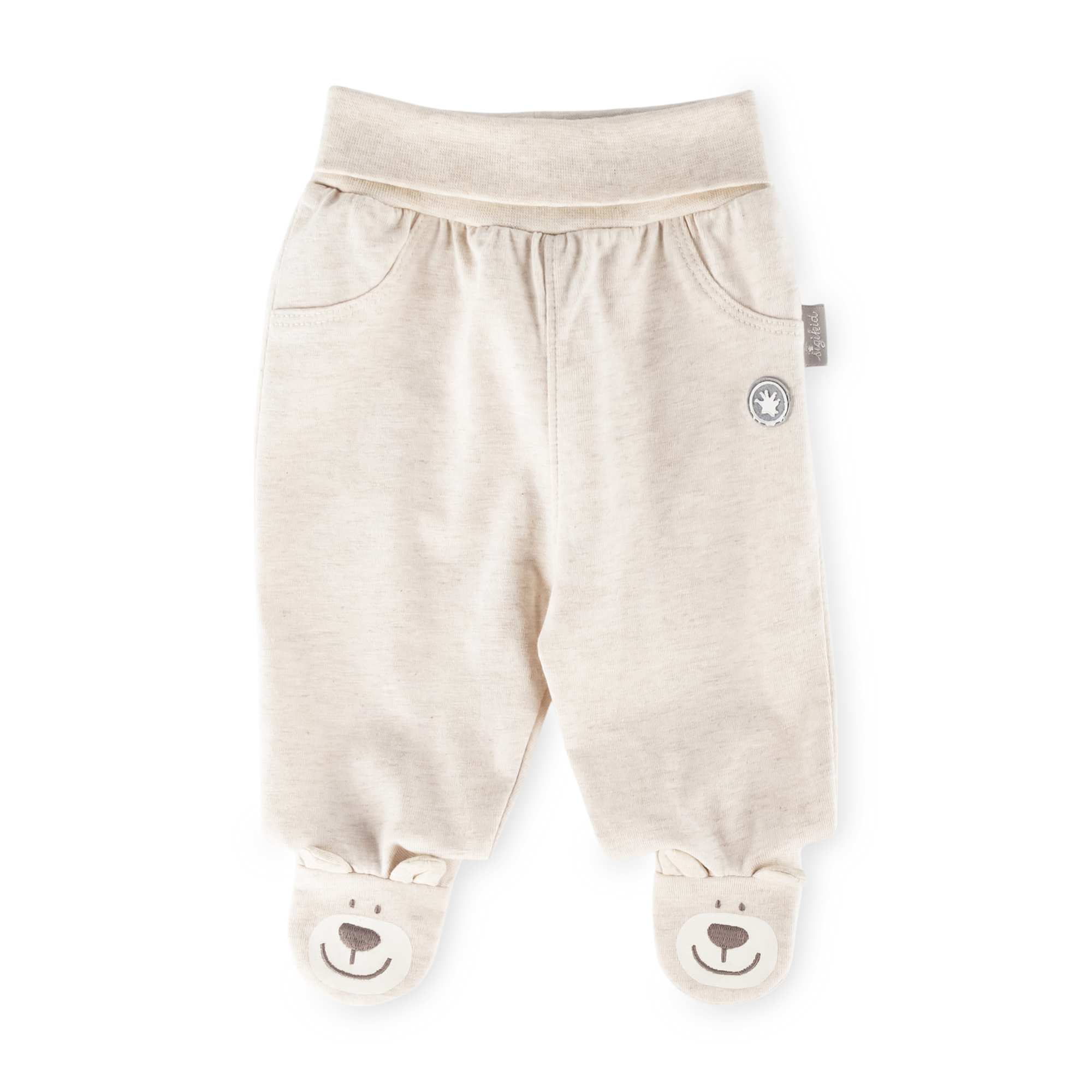 Newborn baby footie pants with bear face feet, écru marl