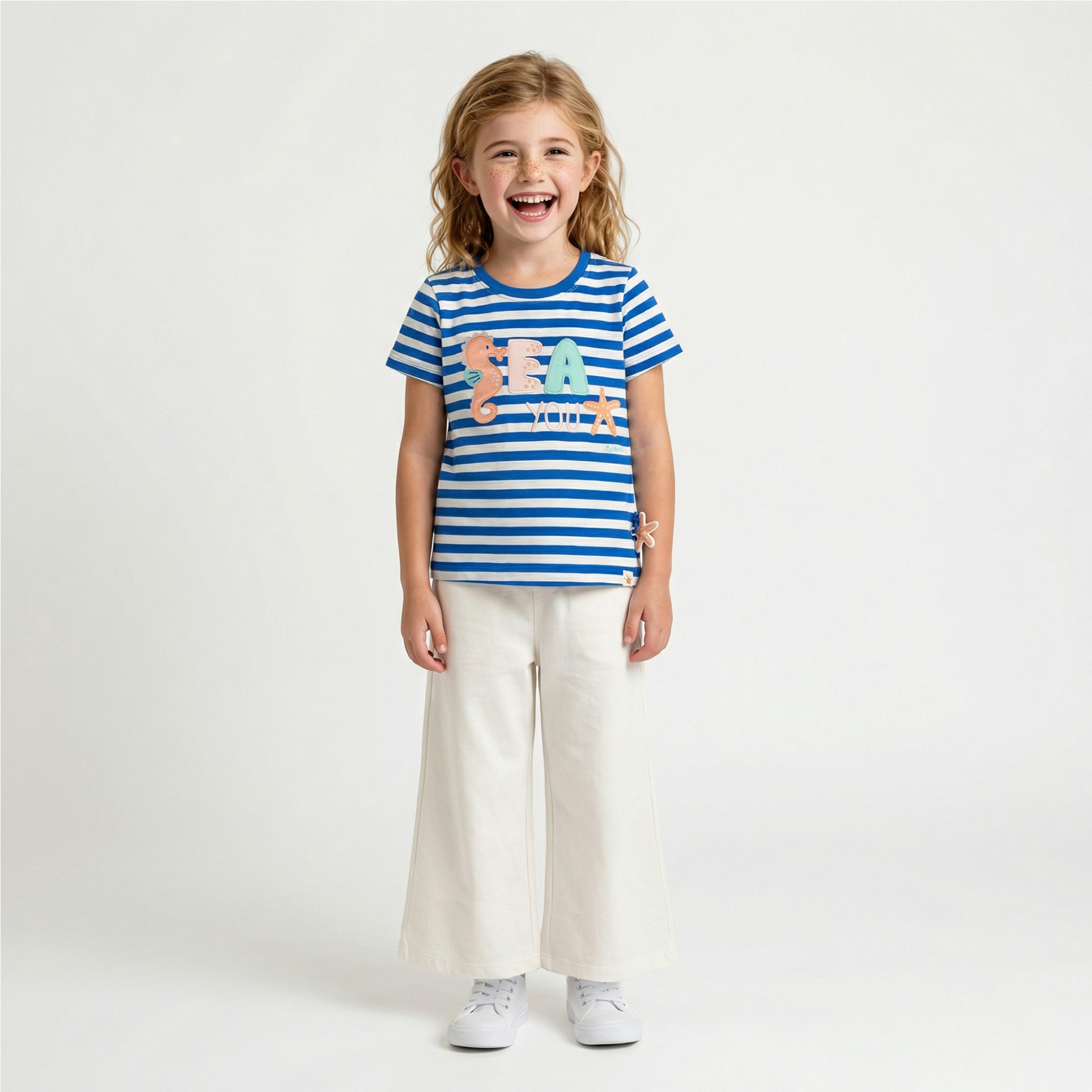 Kinder Ringel T-Shirt Seepferdchen, blau-weiß