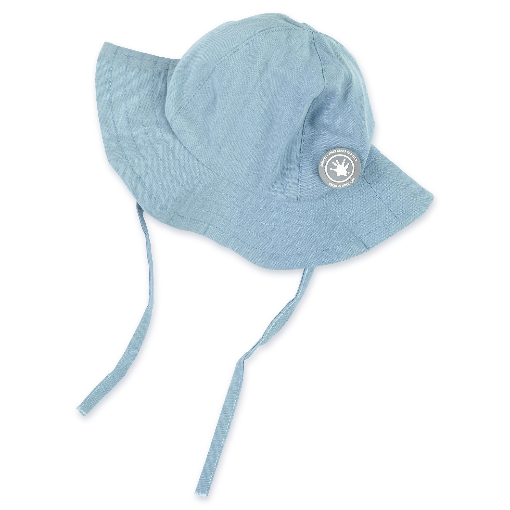 Denim blue brimmed sun hat for baby girls, ties
