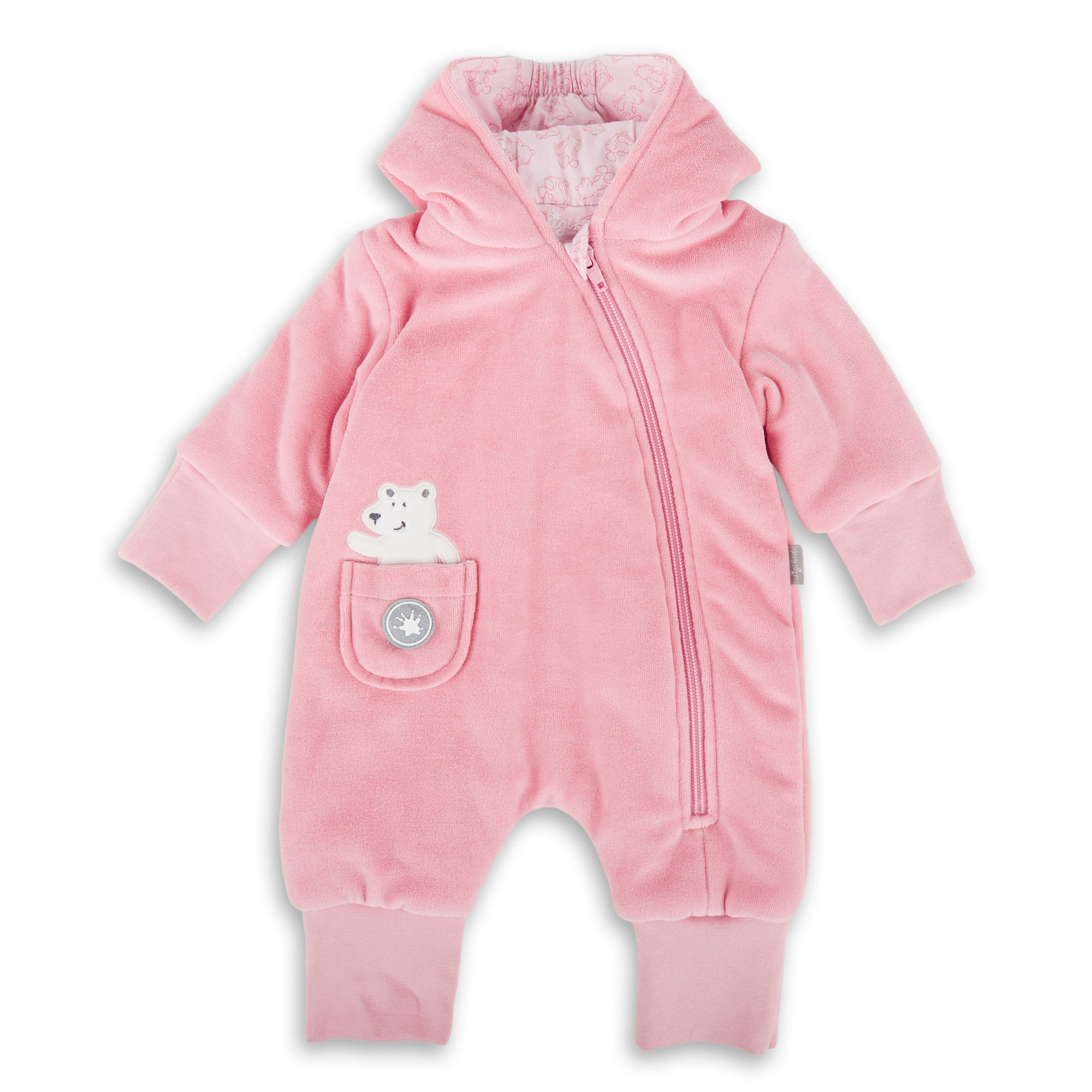 Hooded baby girl velour overall polar bear, pink, lined