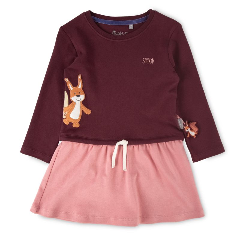 Sigikid Kinder Kleid mit Eichhörnchen Motiv, dunkelrot und rosa