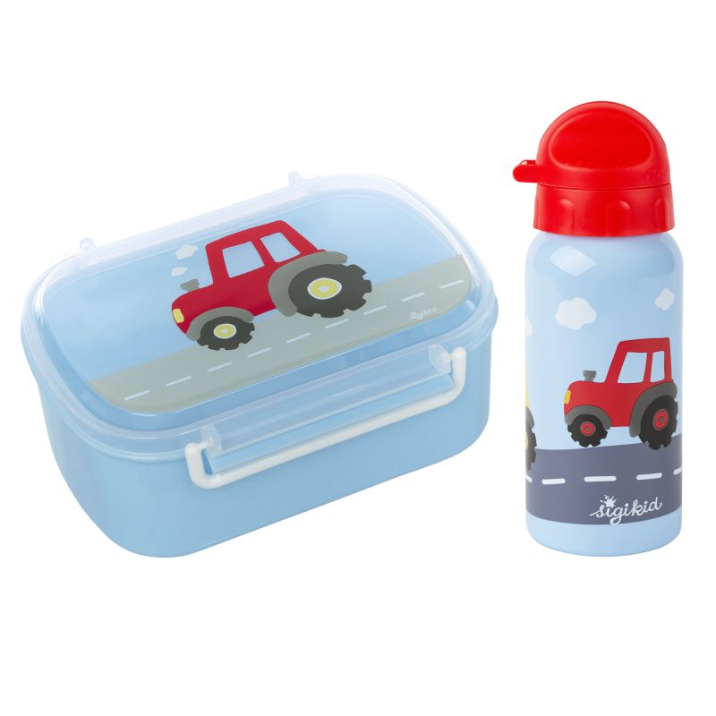 Sigikid Kinder Set 400 ml Edelstahl-Trinkflasche und Brotbox, Traktor